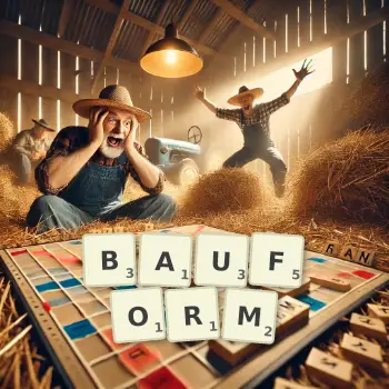 Kreative Illustration für ein Scrabble-Spiel, bei dem das Wort BAUFORM mit Steinen auf dem Brett gelegt wurde.