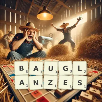 Kreative Illustration für ein Scrabble-Spiel, bei dem das Wort BAUGLANZES mit Steinen auf dem Brett gelegt wurde.