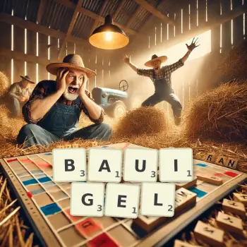 Kreative Illustration für ein Scrabble-Spiel, bei dem das Wort BAUIGEL mit Steinen auf dem Brett gelegt wurde.