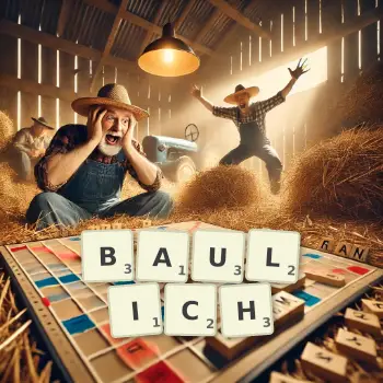 Kreative Illustration für ein Scrabble-Spiel, bei dem das Wort BAULICH mit Steinen auf dem Brett gelegt wurde.