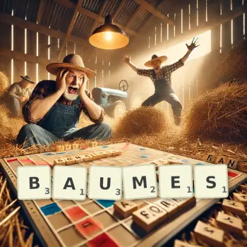 Kreative Illustration für ein Scrabble-Spiel, bei dem das Wort BAUMES mit Steinen auf dem Brett gelegt wurde.
