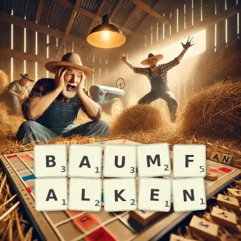 Kreative Illustration für ein Scrabble-Spiel, bei dem das Wort BAUMFALKEN mit Steinen auf dem Brett gelegt wurde.