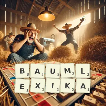 Kreative Illustration für ein Scrabble-Spiel, bei dem das Wort BAUMLEXIKA mit Steinen auf dem Brett gelegt wurde.