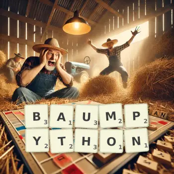 Kreative Illustration für ein Scrabble-Spiel, bei dem das Wort BAUMPYTHON mit Steinen auf dem Brett gelegt wurde.