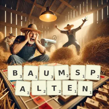 Kreative Illustration für ein Scrabble-Spiel, bei dem das Wort BAUMSPALTEN mit Steinen auf dem Brett gelegt wurde.