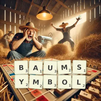 Kreative Illustration für ein Scrabble-Spiel, bei dem das Wort BAUMSYMBOL mit Steinen auf dem Brett gelegt wurde.