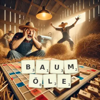 Kreative Illustration für ein Scrabble-Spiel, bei dem das Wort BAUMÖLE mit Steinen auf dem Brett gelegt wurde.