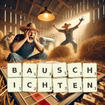 Kreative Illustration für ein Scrabble-Spiel, bei dem das Wort BAUSCHICHTEN mit Steinen auf dem Brett gelegt wurde.