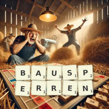 Kreative Illustration für ein Scrabble-Spiel, bei dem das Wort BAUSPERREN mit Steinen auf dem Brett gelegt wurde.