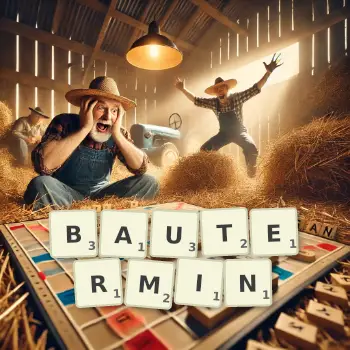 Kreative Illustration für ein Scrabble-Spiel, bei dem das Wort BAUTERMIN mit Steinen auf dem Brett gelegt wurde.