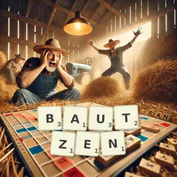 Kreative Illustration für ein Scrabble-Spiel, bei dem das Wort BAUTZEN mit Steinen auf dem Brett gelegt wurde.