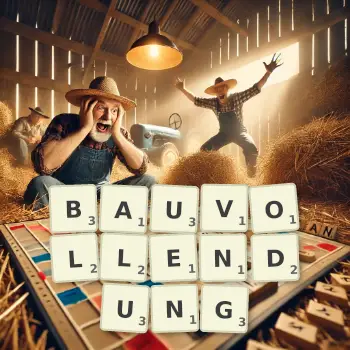 Kreative Illustration für ein Scrabble-Spiel, bei dem das Wort BAUVOLLENDUNG mit Steinen auf dem Brett gelegt wurde.