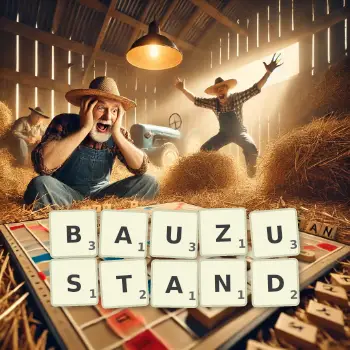 Kreative Illustration für ein Scrabble-Spiel, bei dem das Wort BAUZUSTAND mit Steinen auf dem Brett gelegt wurde.