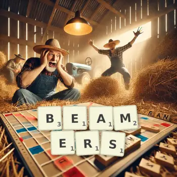 Kreative Illustration für ein Scrabble-Spiel, bei dem das Wort BEAMERS mit Steinen auf dem Brett gelegt wurde.