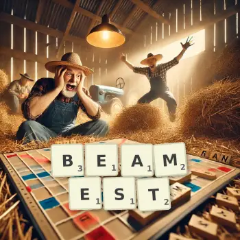 Kreative Illustration für ein Scrabble-Spiel, bei dem das Wort BEAMEST mit Steinen auf dem Brett gelegt wurde.