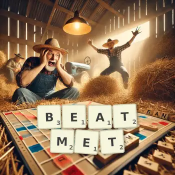 Kreative Illustration für ein Scrabble-Spiel, bei dem das Wort BEATMET mit Steinen auf dem Brett gelegt wurde.
