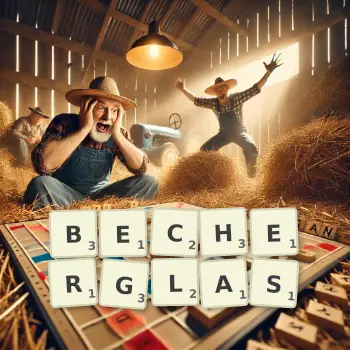 Kreative Illustration für ein Scrabble-Spiel, bei dem das Wort BECHERGLAS mit Steinen auf dem Brett gelegt wurde.