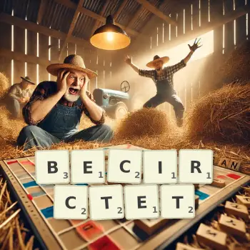 Kreative Illustration für ein Scrabble-Spiel, bei dem das Wort BECIRCTET mit Steinen auf dem Brett gelegt wurde.