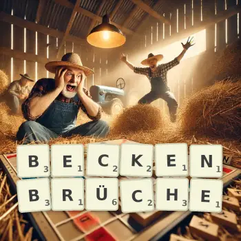 Kreative Illustration für ein Scrabble-Spiel, bei dem das Wort BECKENBRÜCHE mit Steinen auf dem Brett gelegt wurde.