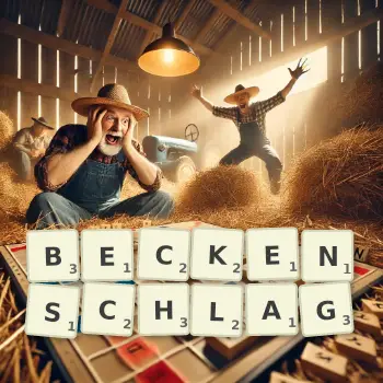 Kreative Illustration für ein Scrabble-Spiel, bei dem das Wort BECKENSCHLAG mit Steinen auf dem Brett gelegt wurde.