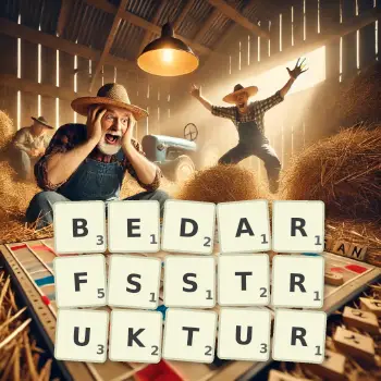 Kreative Illustration für ein Scrabble-Spiel, bei dem das Wort BEDARFSSTRUKTUR mit Steinen auf dem Brett gelegt wurde.