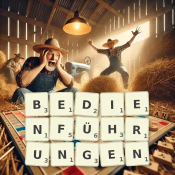 Kreative Illustration für ein Scrabble-Spiel, bei dem das Wort BEDIENFÜHRUNGEN mit Steinen auf dem Brett gelegt wurde.