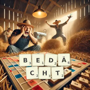 Kreative Illustration für ein Scrabble-Spiel, bei dem das Wort BEDÄCHT mit Steinen auf dem Brett gelegt wurde.