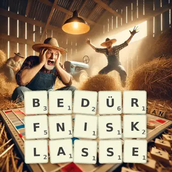 Kreative Illustration für ein Scrabble-Spiel, bei dem das Wort BEDÜRFNISKLASSE mit Steinen auf dem Brett gelegt wurde.