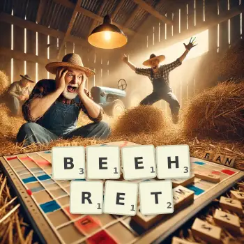 Kreative Illustration für ein Scrabble-Spiel, bei dem das Wort BEEHRET mit Steinen auf dem Brett gelegt wurde.
