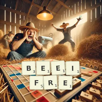 Kreative Illustration für ein Scrabble-Spiel, bei dem das Wort BEEIFRE mit Steinen auf dem Brett gelegt wurde.
