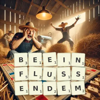 Kreative Illustration für ein Scrabble-Spiel, bei dem das Wort BEEINFLUSSENDEM mit Steinen auf dem Brett gelegt wurde.