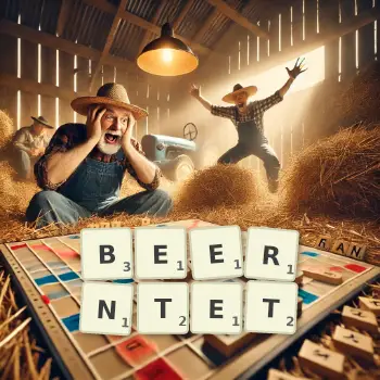 Kreative Illustration für ein Scrabble-Spiel, bei dem das Wort BEERNTET mit Steinen auf dem Brett gelegt wurde.