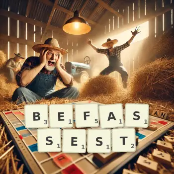 Kreative Illustration für ein Scrabble-Spiel, bei dem das Wort BEFASSEST mit Steinen auf dem Brett gelegt wurde.