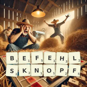 Kreative Illustration für ein Scrabble-Spiel, bei dem das Wort BEFEHLSKNOPF mit Steinen auf dem Brett gelegt wurde.