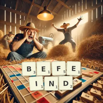 Kreative Illustration für ein Scrabble-Spiel, bei dem das Wort BEFEIND mit Steinen auf dem Brett gelegt wurde.