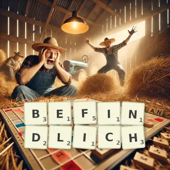 Kreative Illustration für ein Scrabble-Spiel, bei dem das Wort BEFINDLICH mit Steinen auf dem Brett gelegt wurde.