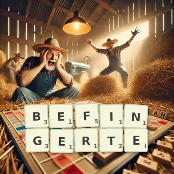 Kreative Illustration für ein Scrabble-Spiel, bei dem das Wort BEFINGERTE mit Steinen auf dem Brett gelegt wurde.