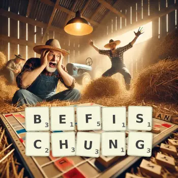 Kreative Illustration für ein Scrabble-Spiel, bei dem das Wort BEFISCHUNG mit Steinen auf dem Brett gelegt wurde.