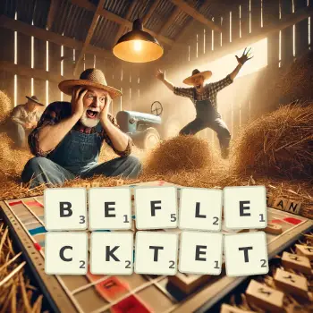 Kreative Illustration für ein Scrabble-Spiel, bei dem das Wort BEFLECKTET mit Steinen auf dem Brett gelegt wurde.