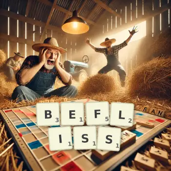 Kreative Illustration für ein Scrabble-Spiel, bei dem das Wort BEFLISS mit Steinen auf dem Brett gelegt wurde.