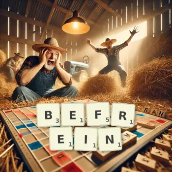 Kreative Illustration für ein Scrabble-Spiel, bei dem das Wort BEFREIN mit Steinen auf dem Brett gelegt wurde.
