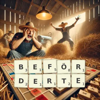 Kreative Illustration für ein Scrabble-Spiel, bei dem das Wort BEFÖRDERTE mit Steinen auf dem Brett gelegt wurde.