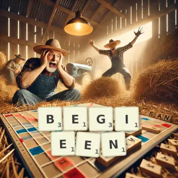 Kreative Illustration für ein Scrabble-Spiel, bei dem das Wort BEGIEEN mit Steinen auf dem Brett gelegt wurde.