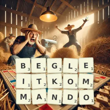 Kreative Illustration für ein Scrabble-Spiel, bei dem das Wort BEGLEITKOMMANDO mit Steinen auf dem Brett gelegt wurde.