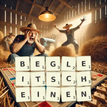 Kreative Illustration für ein Scrabble-Spiel, bei dem das Wort BEGLEITSCHEINEN mit Steinen auf dem Brett gelegt wurde.