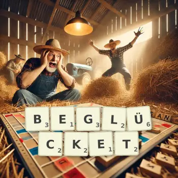 Kreative Illustration für ein Scrabble-Spiel, bei dem das Wort BEGLÜCKET mit Steinen auf dem Brett gelegt wurde.