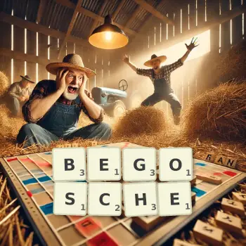 Kreative Illustration für ein Scrabble-Spiel, bei dem das Wort BEGOSCHE mit Steinen auf dem Brett gelegt wurde.