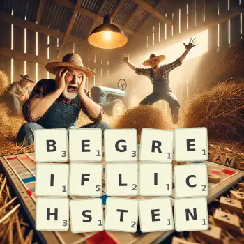 Kreative Illustration für ein Scrabble-Spiel, bei dem das Wort BEGREIFLICHSTEN mit Steinen auf dem Brett gelegt wurde.