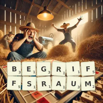 Kreative Illustration für ein Scrabble-Spiel, bei dem das Wort BEGRIFFSRAUM mit Steinen auf dem Brett gelegt wurde.