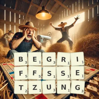 Kreative Illustration für ein Scrabble-Spiel, bei dem das Wort BEGRIFFSSETZUNG mit Steinen auf dem Brett gelegt wurde.